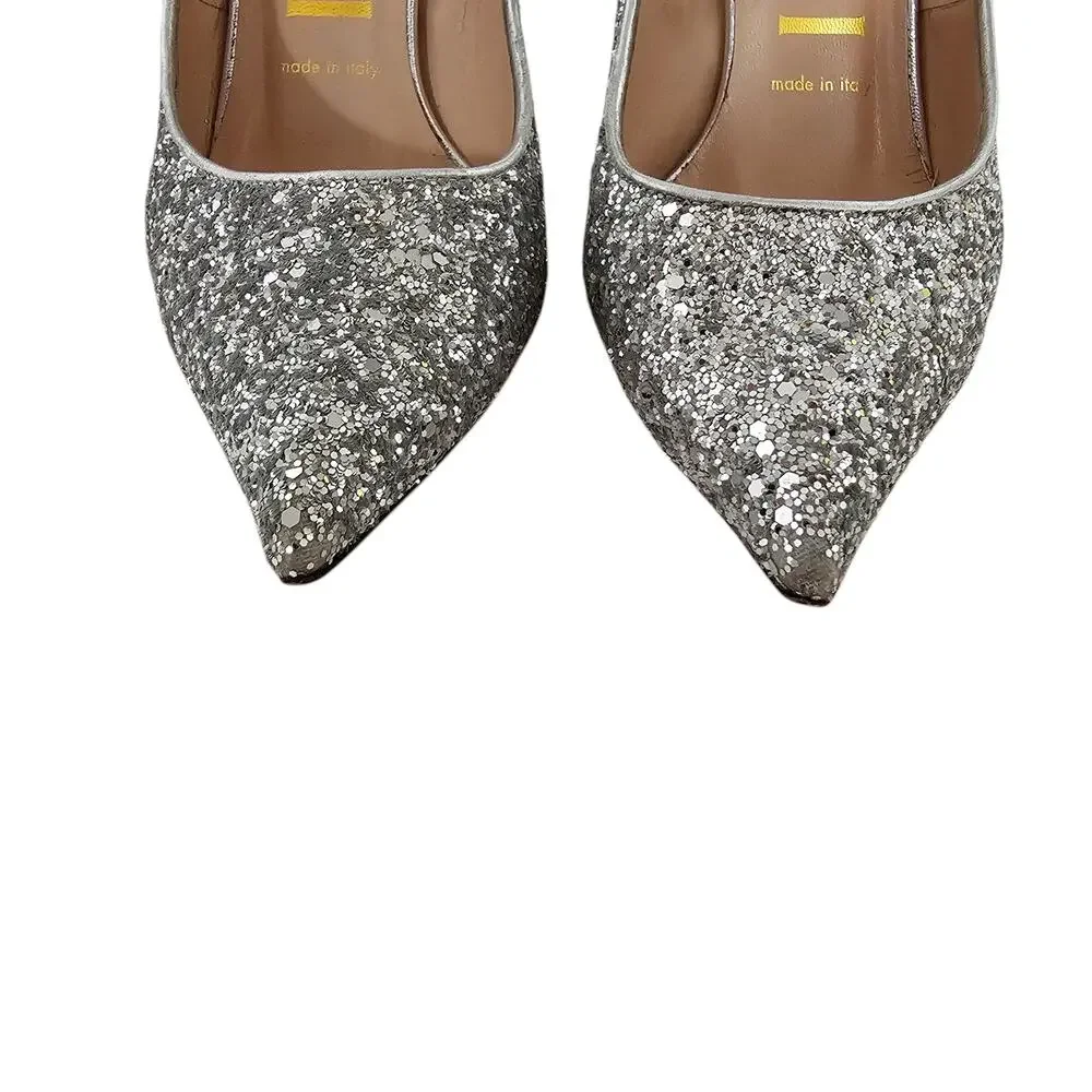 Gucci Virginia Heel Pump Size 37 US 7 Silver Glitter Pink Sole Pointed Toe